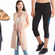 Leather Lattice Sandals, $28 | Softspun Wrap Knot Skirt, $28 | Tencel Belted Trench Vest, $58 | gFast Blackout Mesh Print Panel Capris, $34 | Stripe Apron-Neck Culotte Jumpsuit, $51